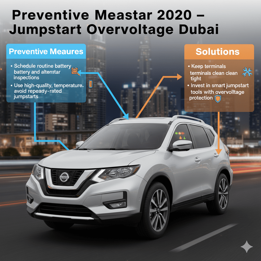 "Preventive Measures – Jumpstart Overvoltage Dubai" "Animated infographic showing preventive measures for jumpstart overvoltage in Dubai, central branded car with glowing battery, and preventive tips displayed on sides, title on top."
