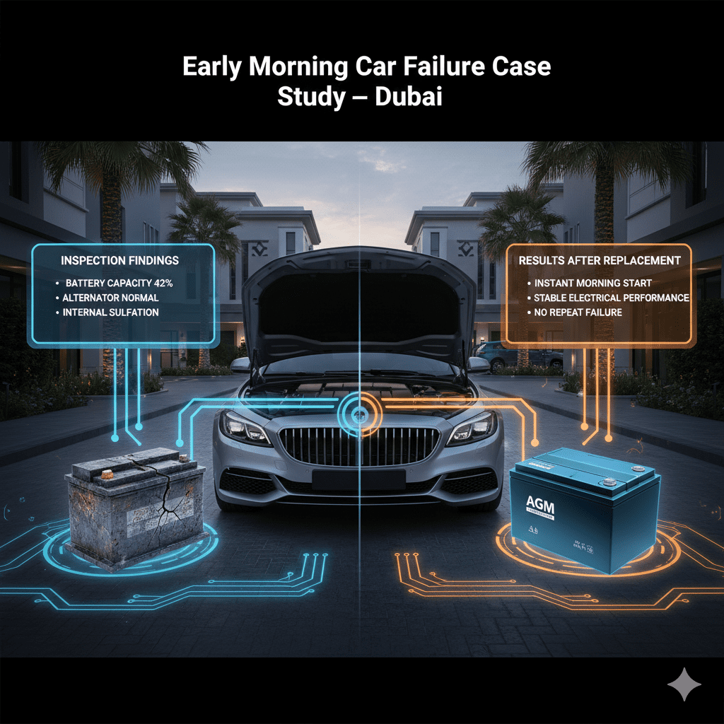 "Premium automotive case study infographic showing a weak car battery replaced with AGM battery after early morning failure in Dubai."