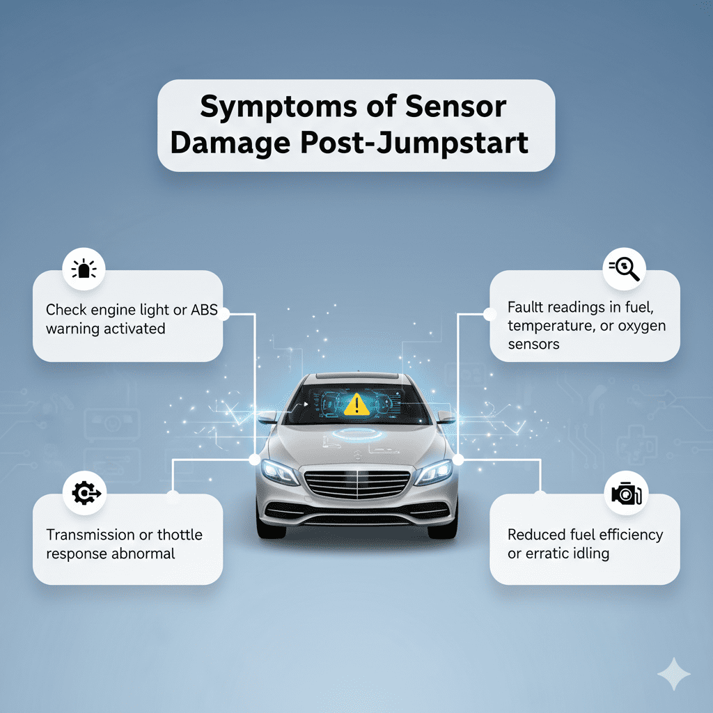 “User guide infographic showing main title ‘Symptoms of Sensor Damage Post-Jumpstart’ at top, key points on left and right sides, and a premium vehicle image in the center with animated infographic style.”