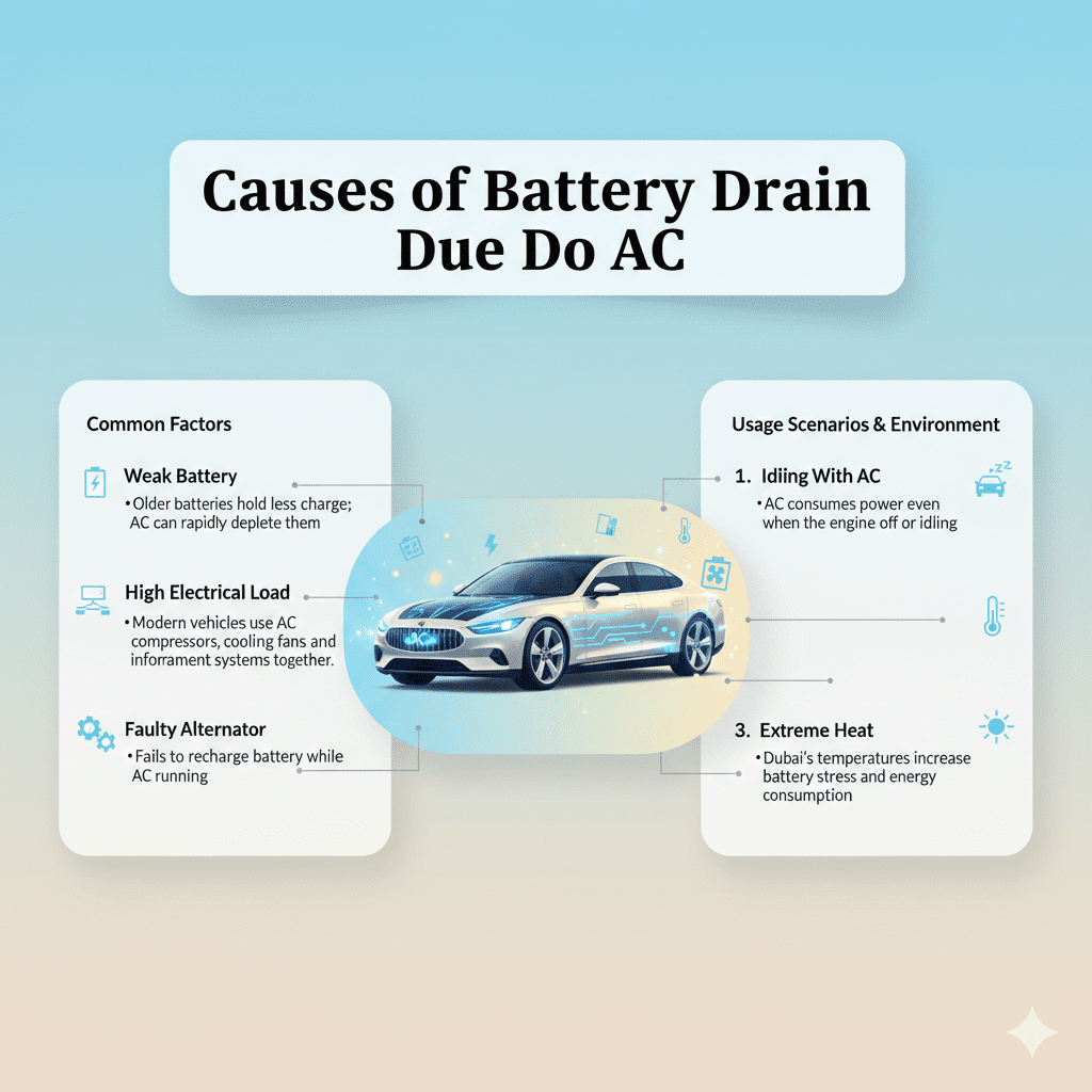 “Causes of Battery Drain Due to AC – High-Quality User Guide Infographic” “User guide infographic showing causes of battery drain due to AC with title at top, bullet points on sides, and premium vehicle brand image in the center.”
