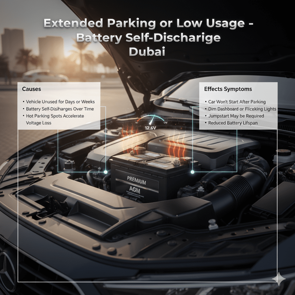 Infographic showing a car battery in a modern engine bay with animated voltage drop and heat wave effects, illustrating self-discharge due to extended parking in Dubai.