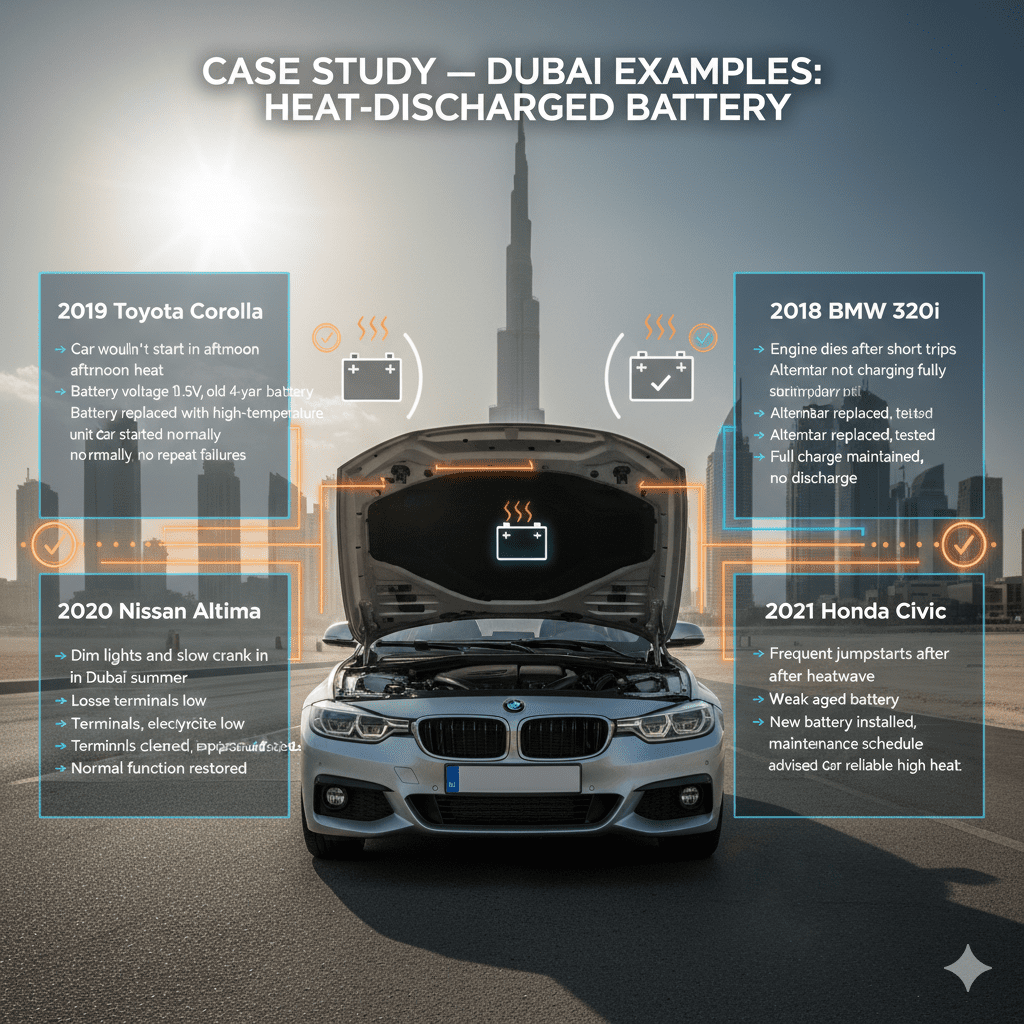 "Infographic showing Dubai case studies for heat-discharged car batteries, with central luxury car and side bullet points illustrating real vehicle diagnostics, actions taken, and outcomes."