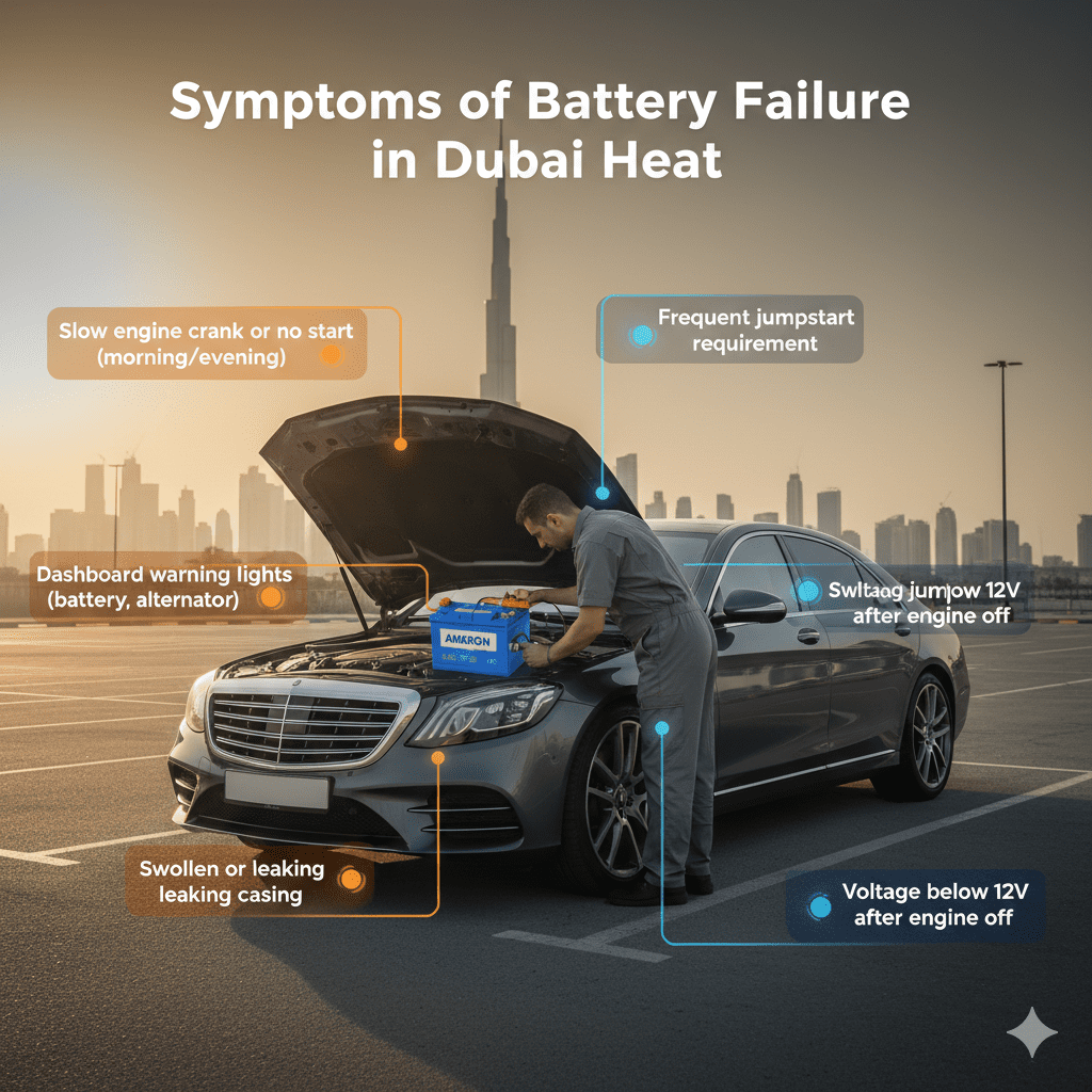 Luxury car under Dubai sun with a technician checking battery; infographic-style bullet points on sides show symptoms including slow engine crank, dashboard warnings, swollen/leaking casing, frequent jumpstarts, and low voltage.
