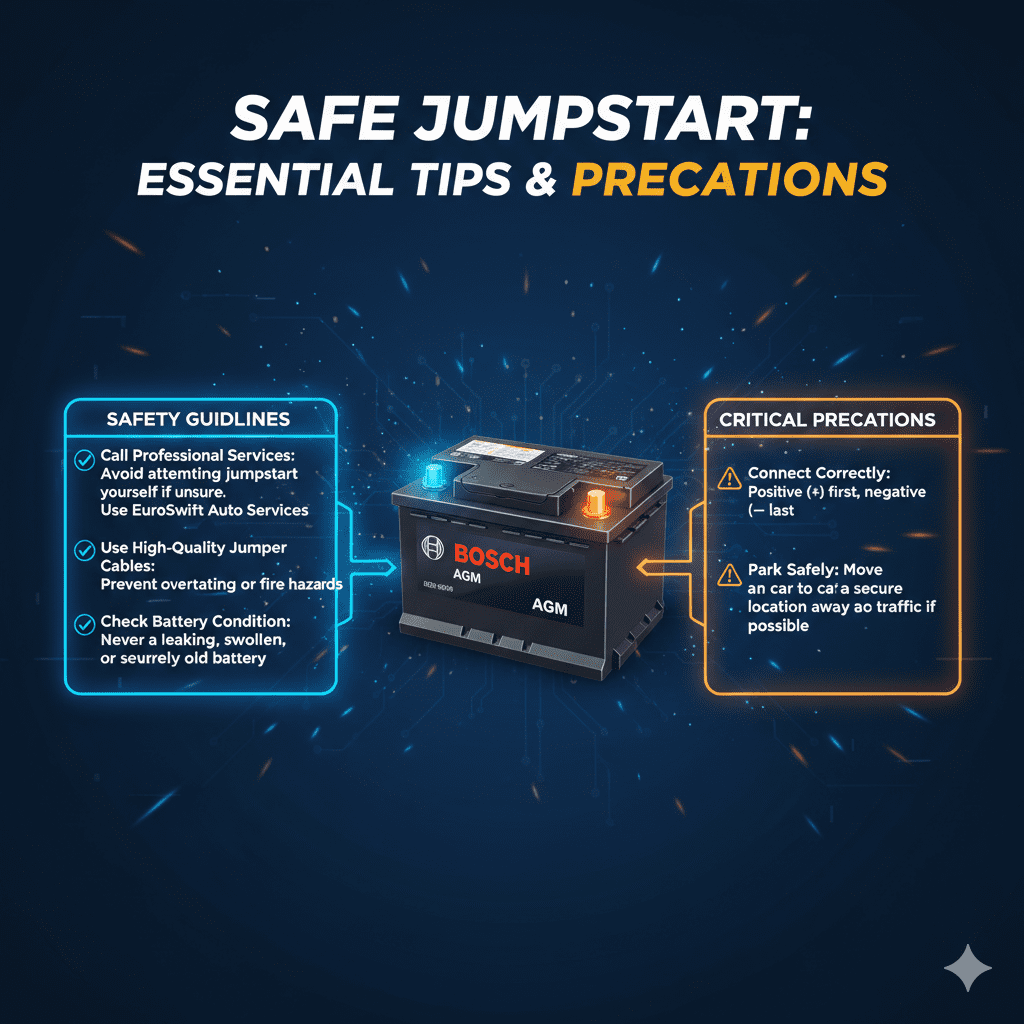 “Animated user guide image showing a top title, central car battery image, and bullet-pointed tips to reduce roadside jumpstart risks in Dubai on both sides.”