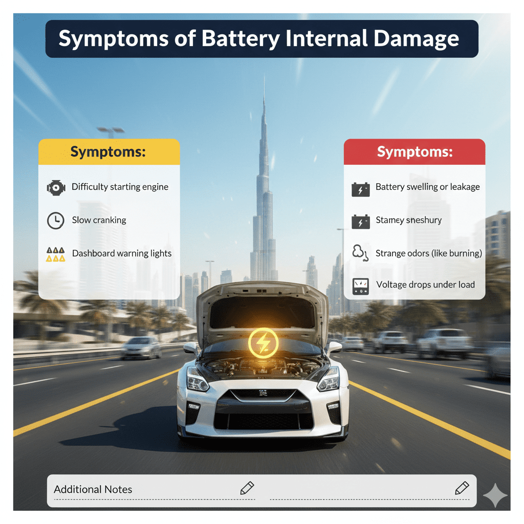 Animated-style user guide infographic showing a premium car with engine hood open in Dubai cityscape, title 'Symptoms of Battery Internal Damage' at the top, with empty spaces on sides for bullet points listing difficulty starting engine, slow cranking, dashboard warning lights, battery swelling or leakage, strange odors, and voltage drops.