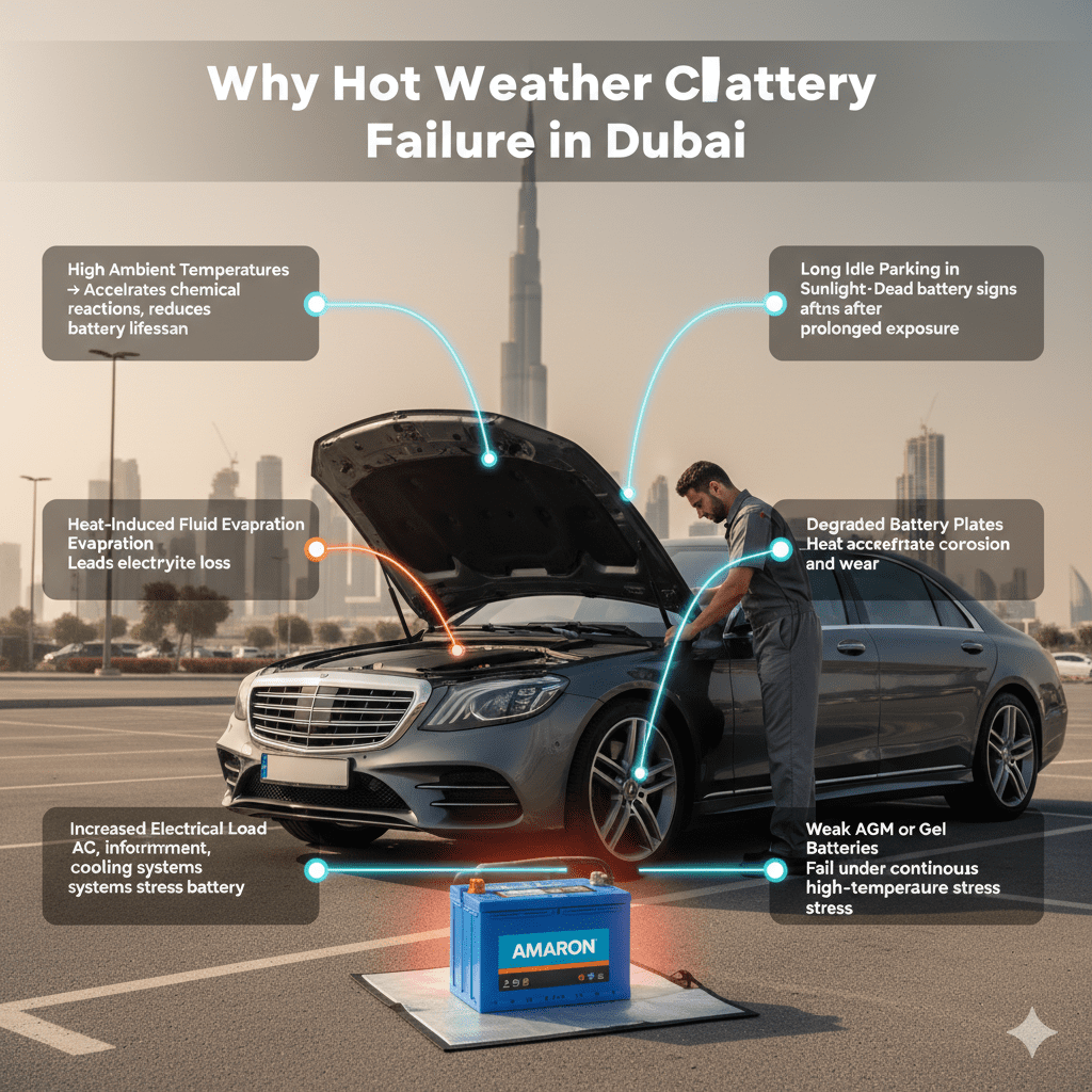 Luxury car parked under Dubai sun with technician inspecting battery; infographic-style bullet points on sides show causes of heat-related battery failure including high temperatures, fluid loss, electrical load, sun exposure, degraded plates, and weak AGM batteries.