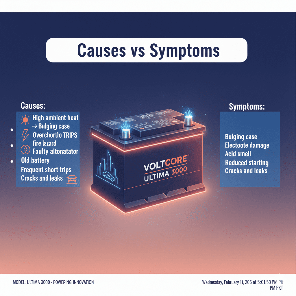 “Professional user guide illustration showing causes versus symptoms of car battery issues, with title on top, bullet points on sides, and animated branded battery in the center.”
