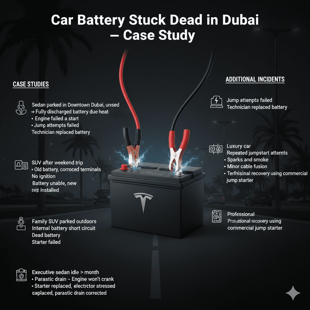 "Car Battery Stuck Dead in Dubai case study guide with premium battery in center, key scenarios and resolutions displayed as animated bullet points on sides, glowing jumper cables showing electrical stress."
