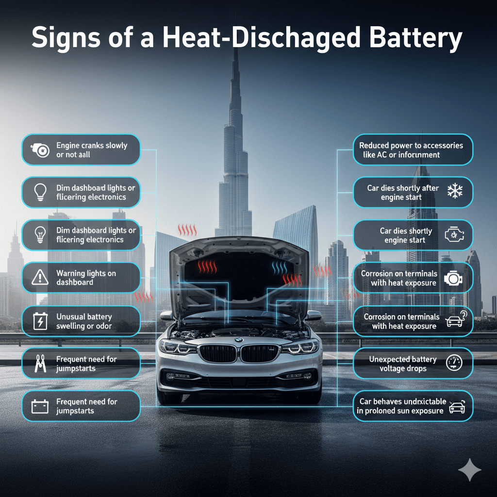 "Infographic showing signs of a heat-discharged battery in Dubai, with central luxury car and side bullet points highlighting slow engine crank, dim lights, warning indicators, battery swelling, jumpstart frequency, and heat-related electrical issues."
