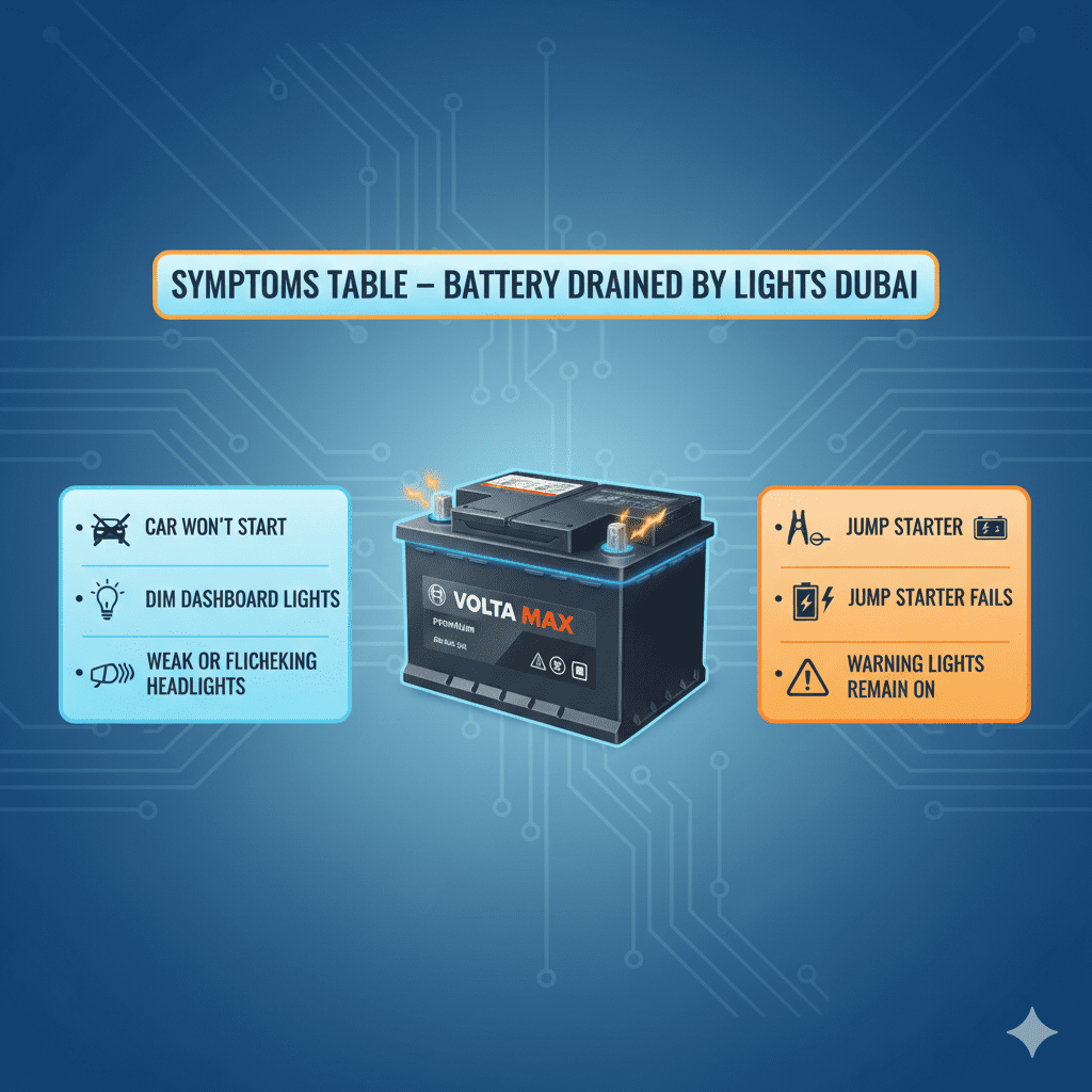 “Animated user guide infographic showing a central premium car battery with glowing sparks, dynamic title at top, and key symptoms on sides including car won’t start, dim dashboard lights, weak headlights, jump starter fails, and warning lights remain on.”