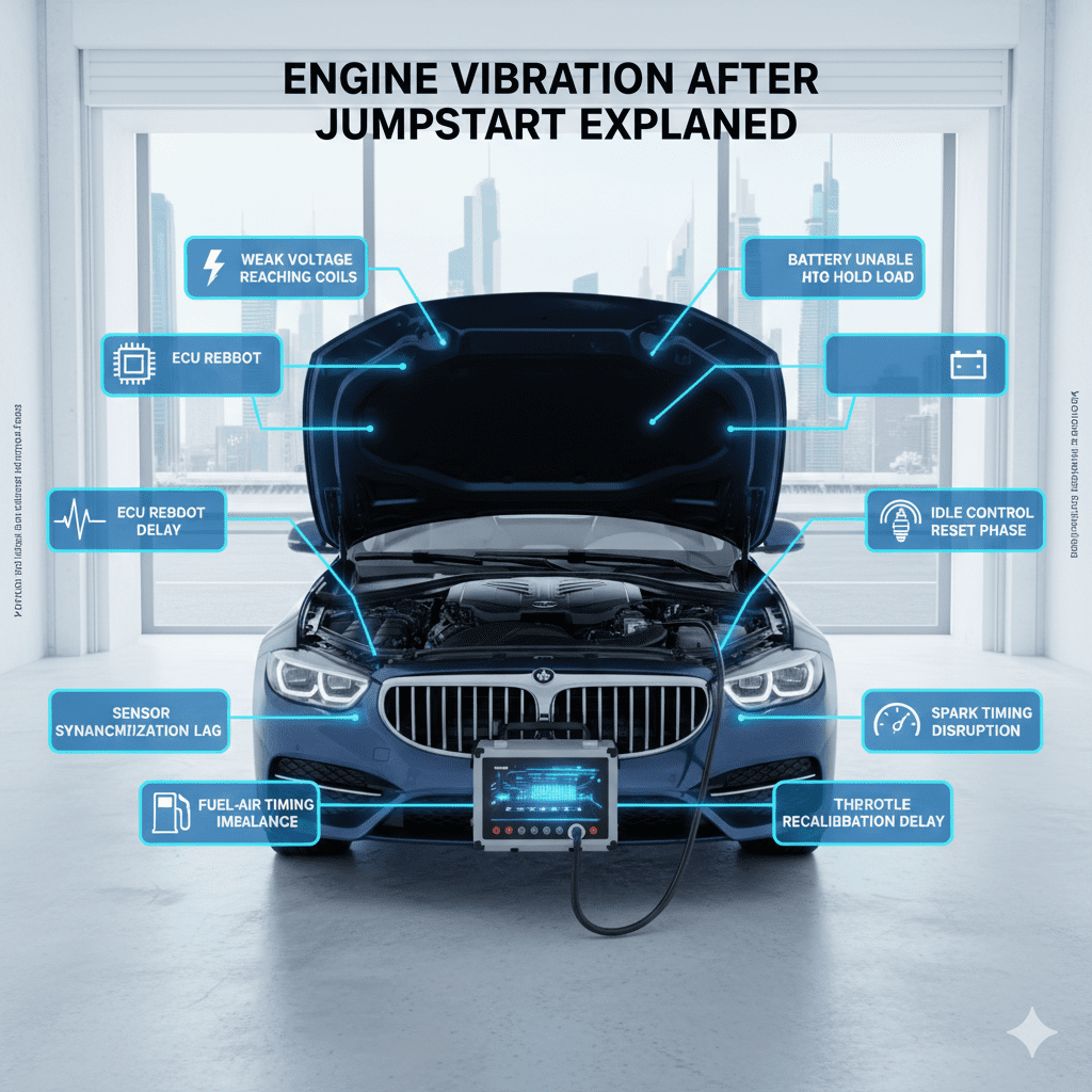 Infographic showing a luxury car experiencing engine vibration after a jumpstart, with key causes displayed around the central vehicle illustration.