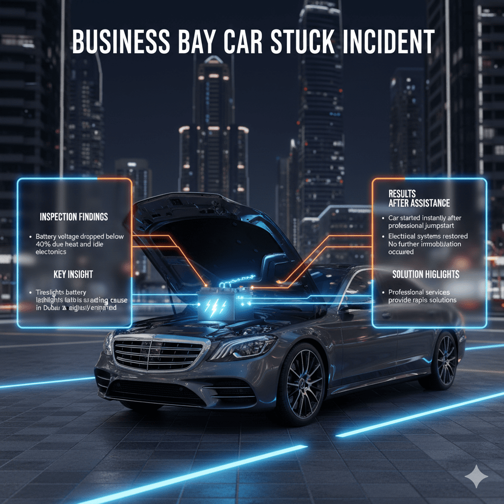 "Infographic showing a luxury sedan parked outside a Dubai high-rise with glowing battery at the center and side panels listing key findings from a Business Bay car stuck case study."