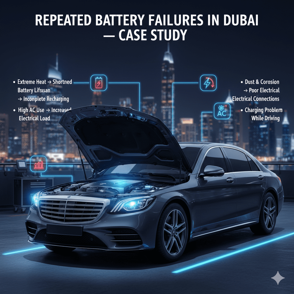 Dubai car battery case study infographic showing repeated battery failures due to heat, short trips, AC load, corrosion, and charging issues