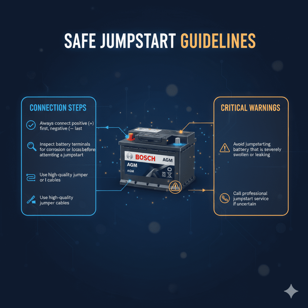 “Animated user guide image showing a top title, central car battery image, and bullet-pointed tips to avoid jumpstart connection errors on both sides.”