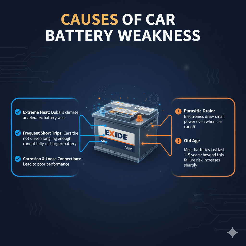 “Animated user guide image showing top title, central car battery image, and bullet-pointed key causes of battery weakness in Dubai on both sides.”