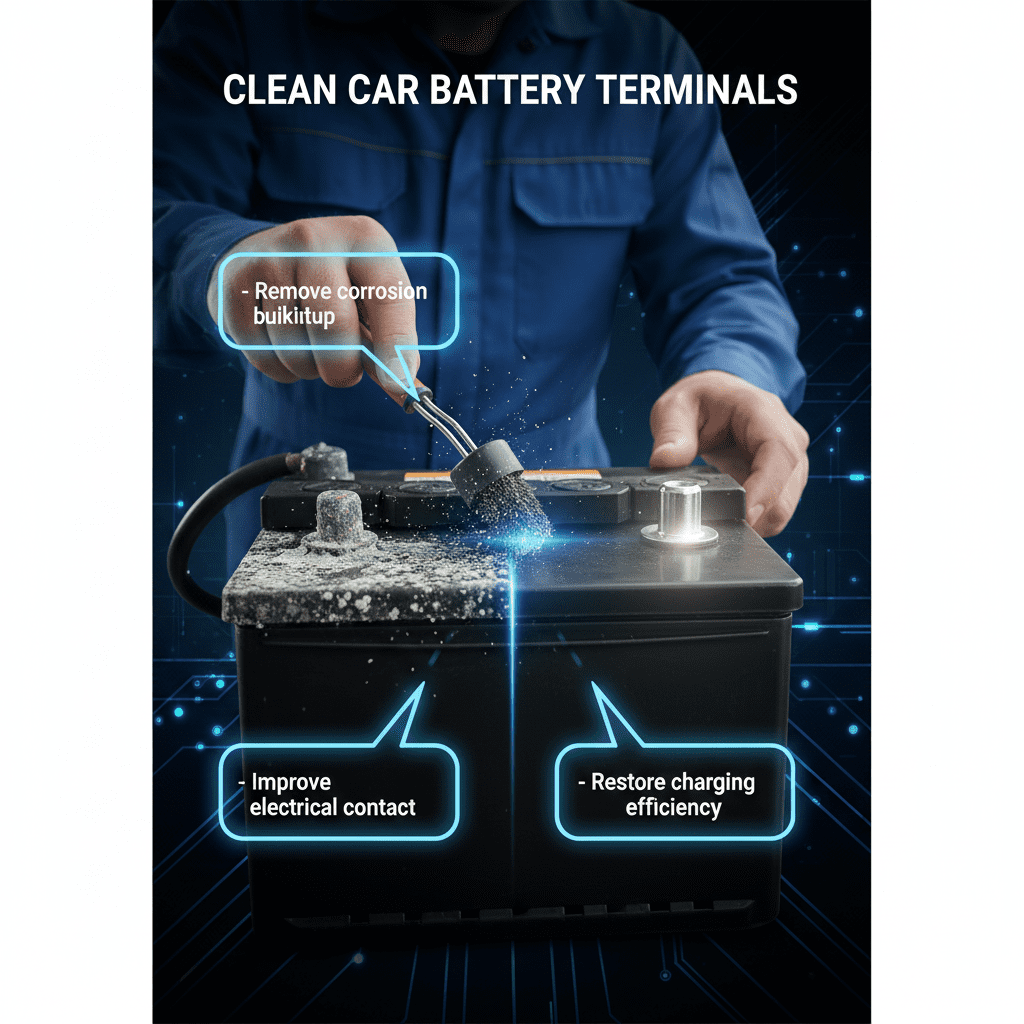 Infographic showing cleaning corrosion from car battery terminals to improve electrical contact