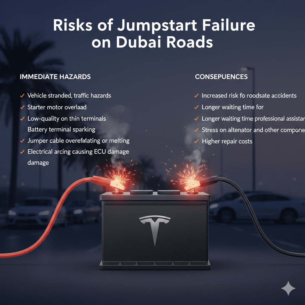 "Jumpstart failure risks guide with premium battery in center, key roadside risks displayed on sides as animated bullet points, glowing jumper cables showing electrical hazard."