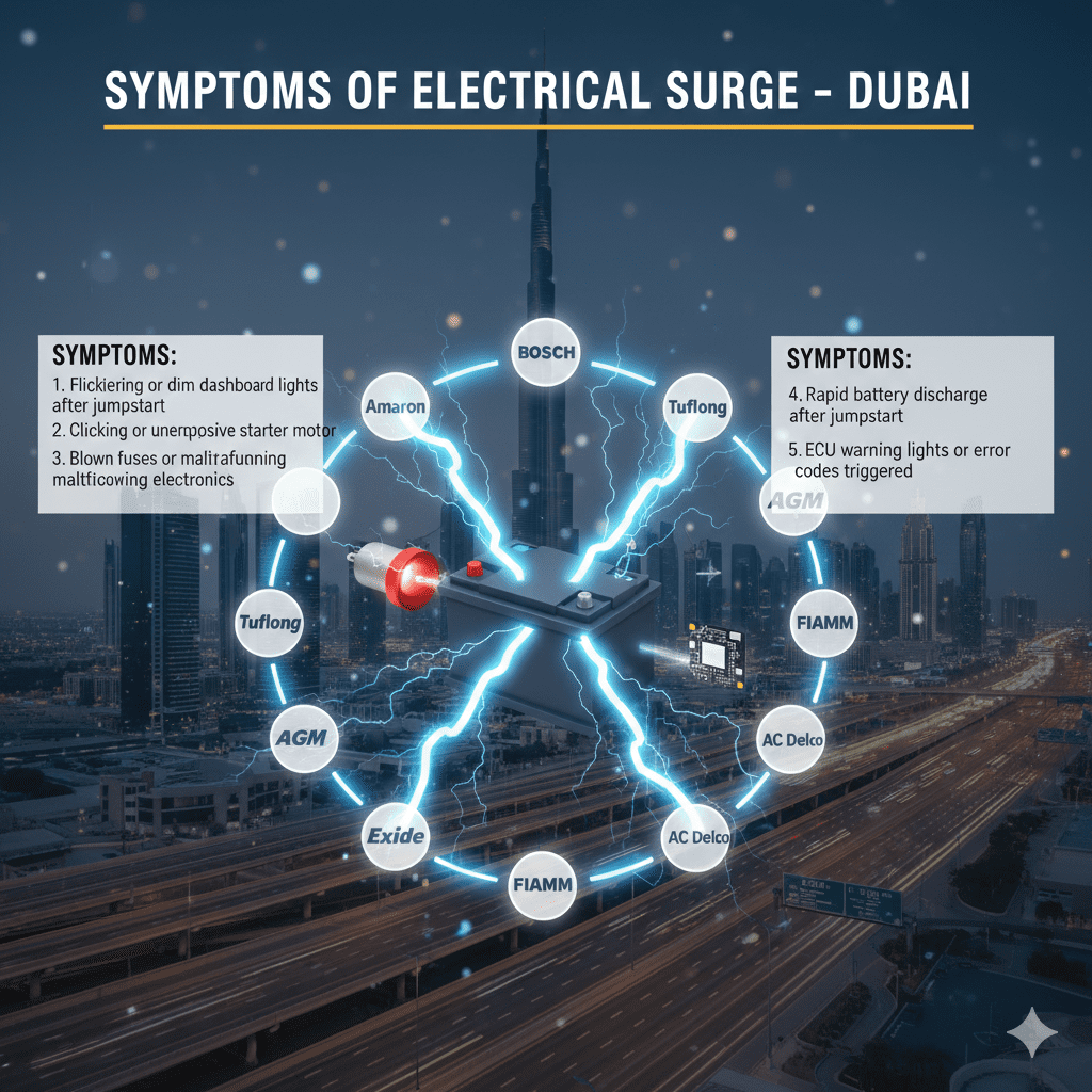 "Infographic showing symptoms of jumpstart electrical surge in Dubai, with animated car battery in the center and top title 'Symptoms of Electrical Surge – Dubai'. Key points displayed on sides."