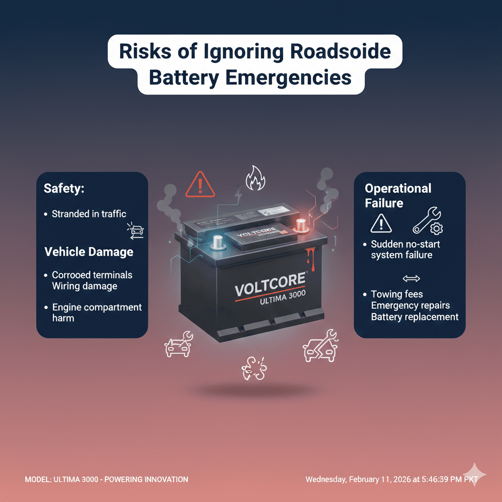 “Professional user guide illustration showing risks of ignoring roadside battery emergencies, with title at the top, key risk points on sides, and an animated branded battery in the center.”