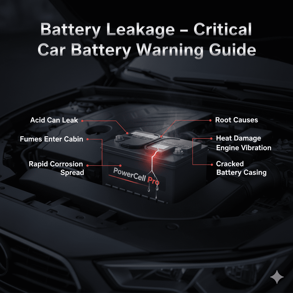 Infographic showing cracked car battery leaking acid with warning points about fumes entering cabin and rapid corrosion spread.