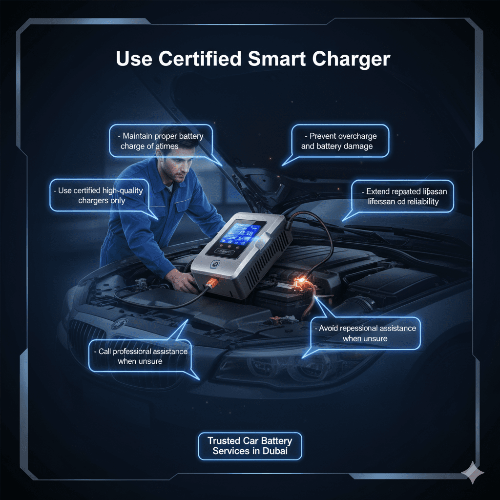 Infographic showing use of certified smart chargers for car batteries in Dubai to prevent fast battery drain and overcharge