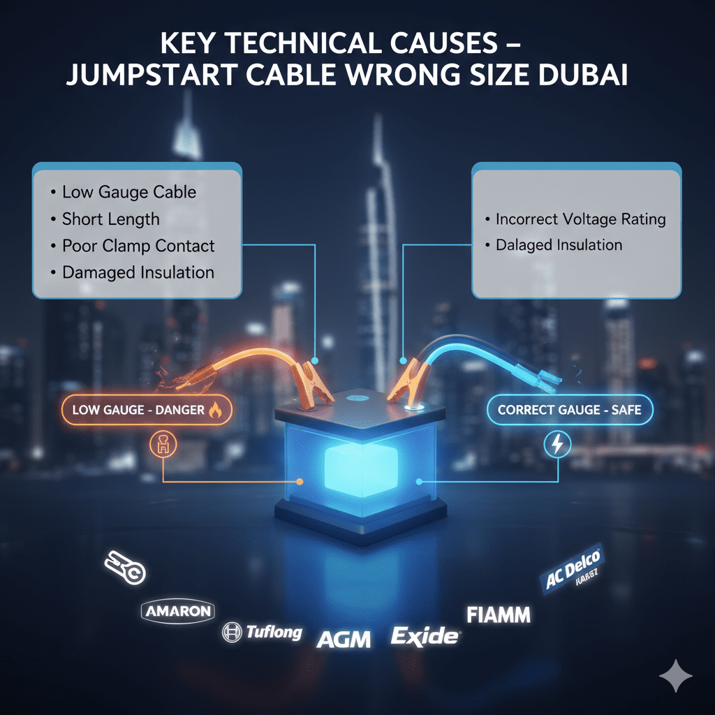 Feature image titled 'Key Technical Causes – Jumpstart Cable Wrong Size Dubai' showing a 3D animated car battery with thin vs correct gauge jumpstart cables, empty side panels for points (Low Gauge Cable, Short Length, Poor Clamp Contact, Incorrect Voltage Rating, Damaged Insulation), and animated battery brand logos (Amaron, Bosch, Tuflong, AGM, Exide, Panasonic, FIAMM, AC Delco) on a blurred Dubai cityscape background.