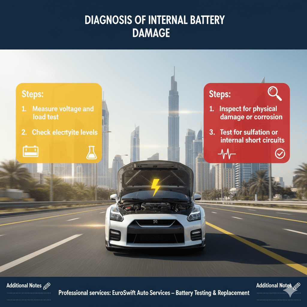 Animated-style user guide infographic showing a premium car with engine hood open in Dubai cityscape, title 'Diagnosis of Internal Battery Damage' at the top, with empty spaces on sides for bullet points listing voltage and load test, electrolyte check, physical inspection, sulfation/internal short tests, and professional services note.