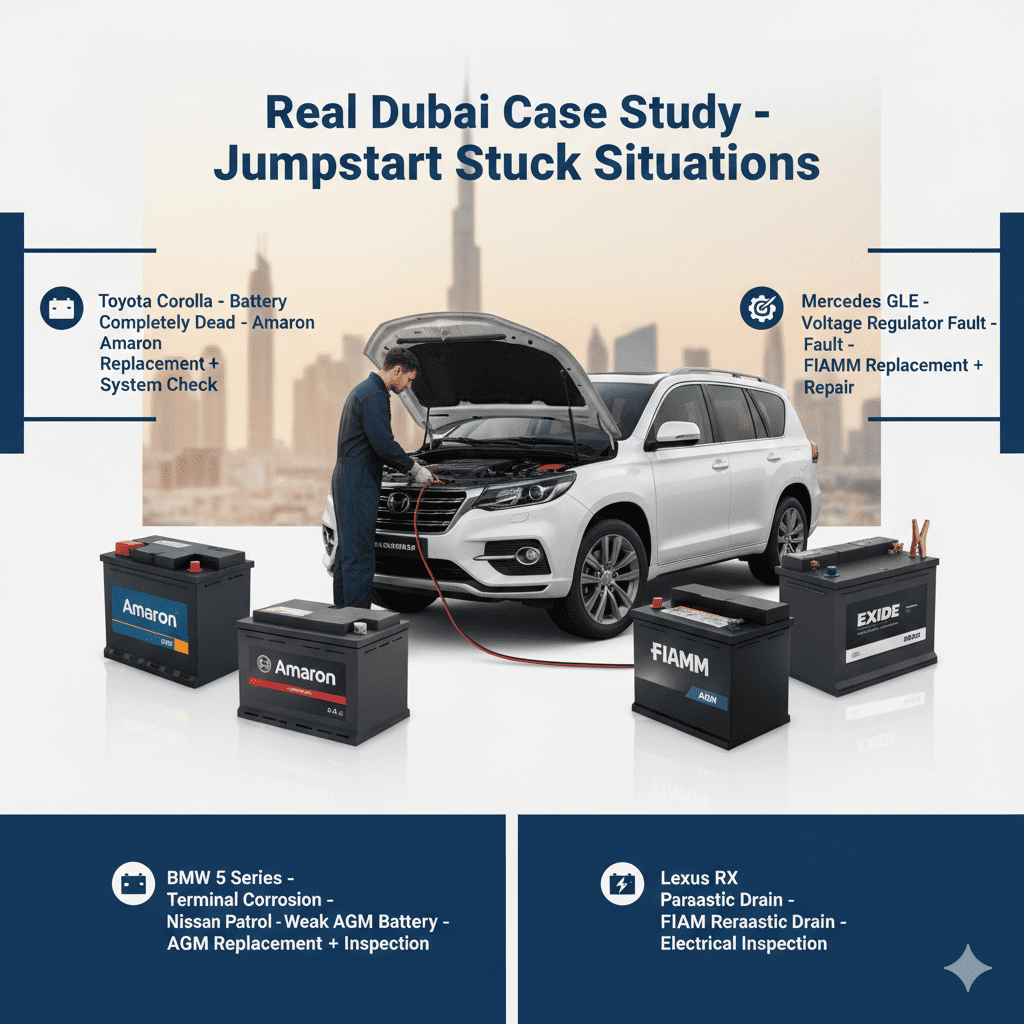Professional automotive infographic showing real Dubai jumpstart failure case studies with different vehicles, battery brands, and expert solutions displayed around a serviced car.