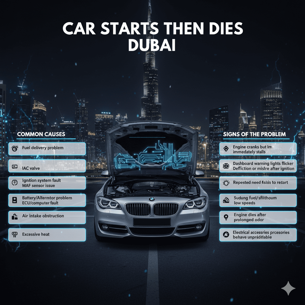 "Infographic showing common causes and signs of 'Car Starts Then Dies Dubai' with luxury car in center and side bullet points highlighting fuel, ignition, battery, ECU, and engine issues."