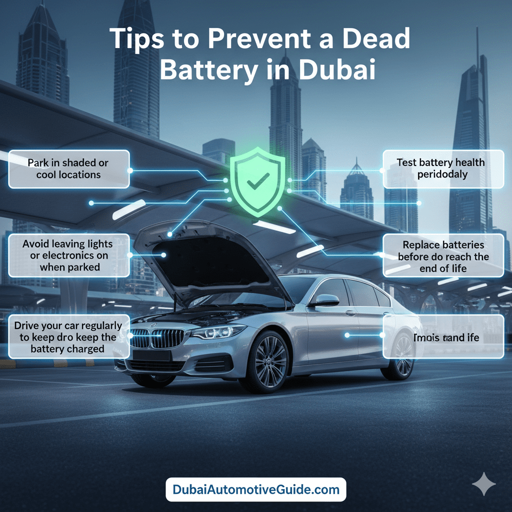 Feature image showing 'Tips to Prevent a Dead Battery in Dubai' with title at the top, key tips highlighted in glowing side text boxes, and a central cinematic premium car with battery icon and green check mark, animated-style highlights.