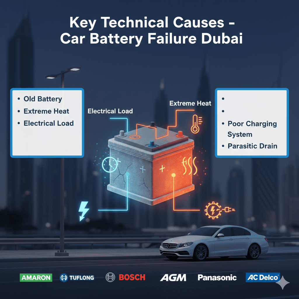 Feature image titled 'Key Technical Causes – Car Battery Failure Dubai' showing a 3D animated car battery with signs of old age, heat stress, and electrical load impact. Empty side panels for points: Old Battery, Extreme Heat, Electrical Load, Poor Charging System, Parasitic Drain, with animated battery brand logos (Amaron, Bosch, Tuflong, AGM, Exide, Panasonic, FIAMM, AC Delco) on a blurred Dubai cityscape background.