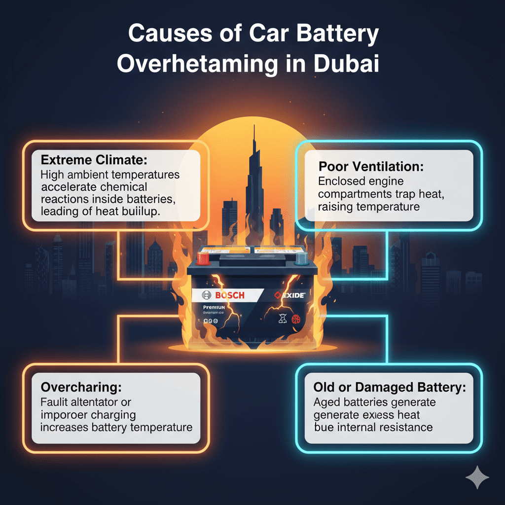 "Animated infographic showing causes of car battery overheating in Dubai, including extreme climate, overcharging, poor ventilation, and old or damaged batteries, with a premium battery image in the center."