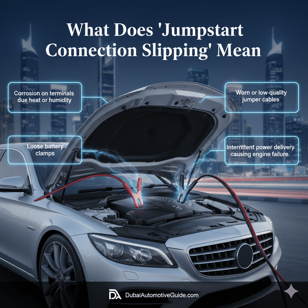 Feature image showing 'What Does "Jumpstart Connection Slipping" Mean?' with title at the top, key causes highlighted in glowing side text boxes, and a central cinematic premium car with hood open and jumper cables connected, animated-style highlights.