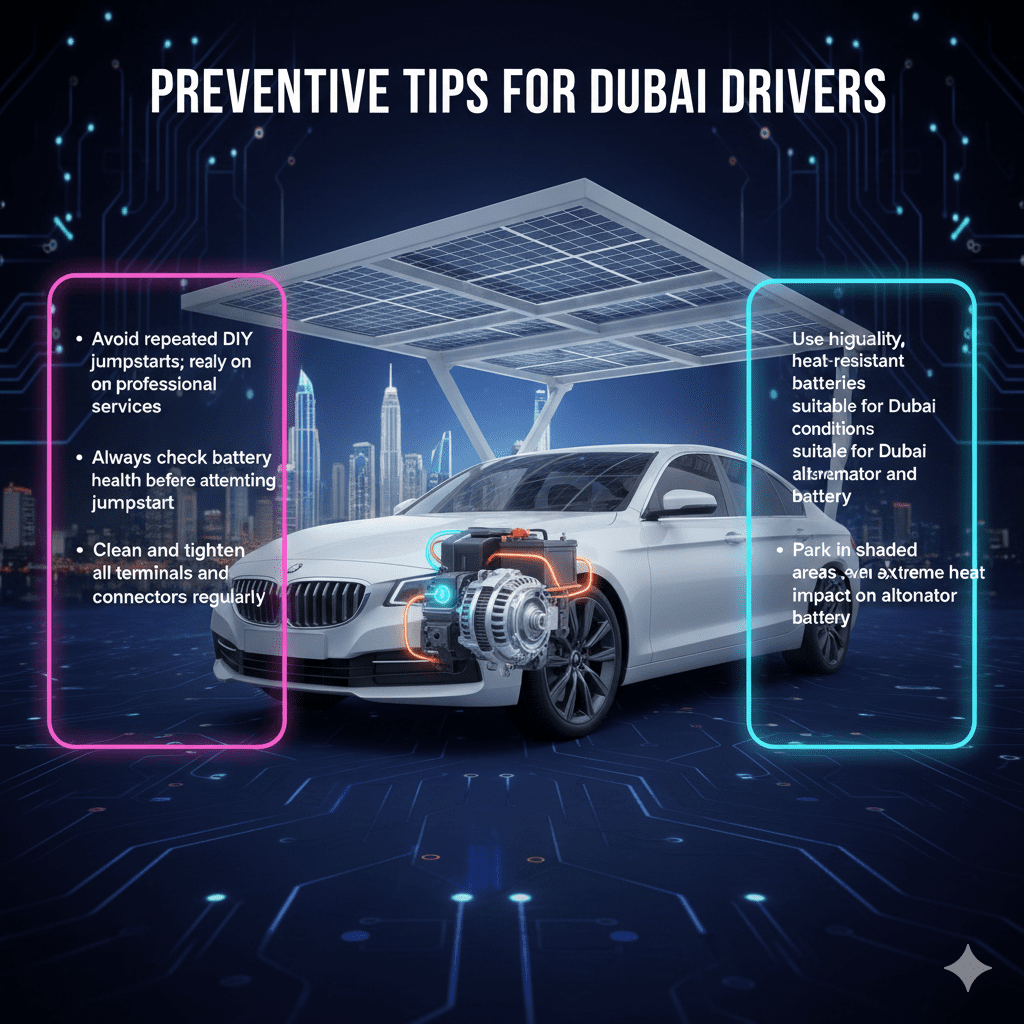 Animated-style user guide image showing the title "Preventive Tips for Dubai Drivers" at the top, a central animated car with highlighted alternator and battery, and key preventive tips displayed neatly on both sides.