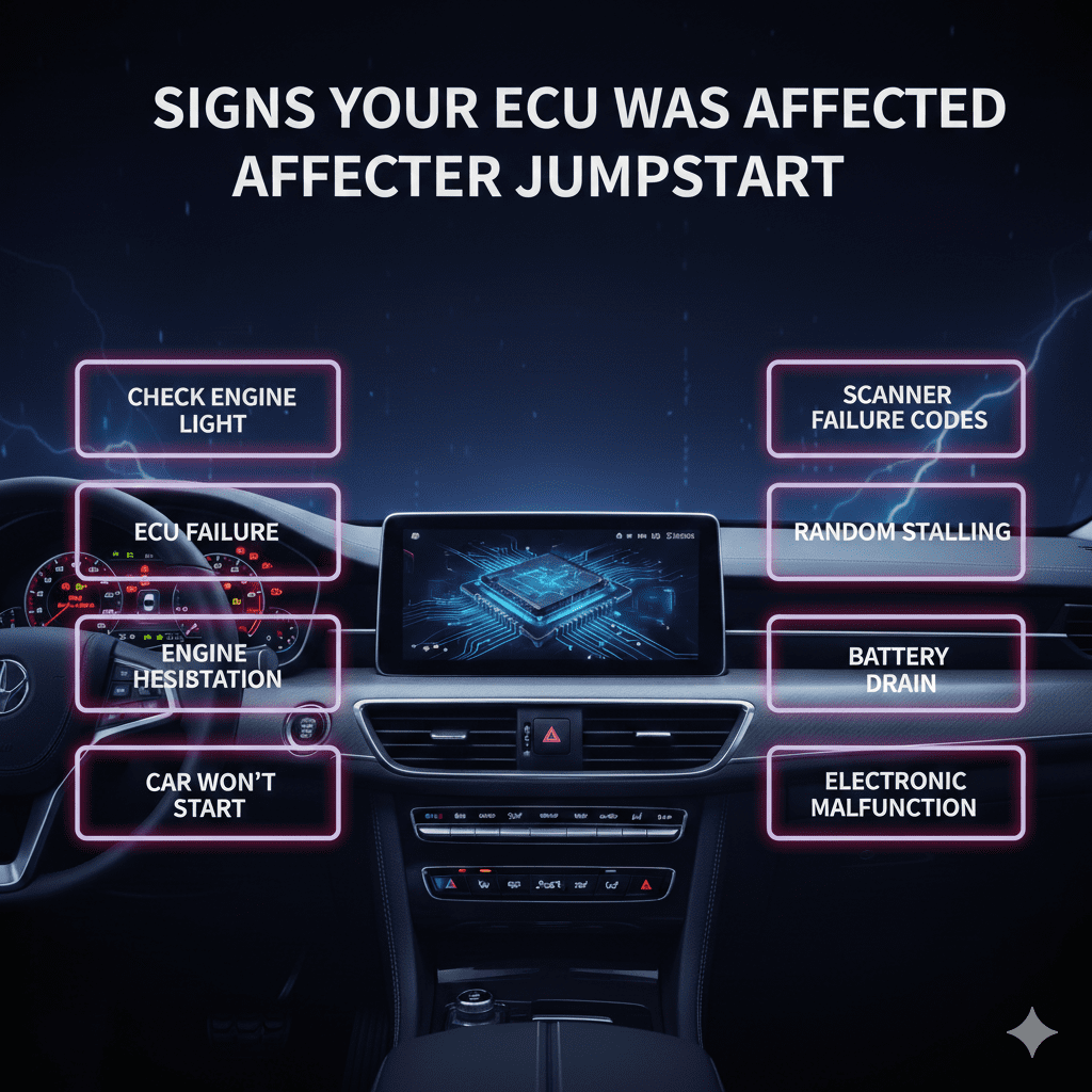 Signs of ECU damage after jumpstart shown on modern car dashboard with warning indicators
