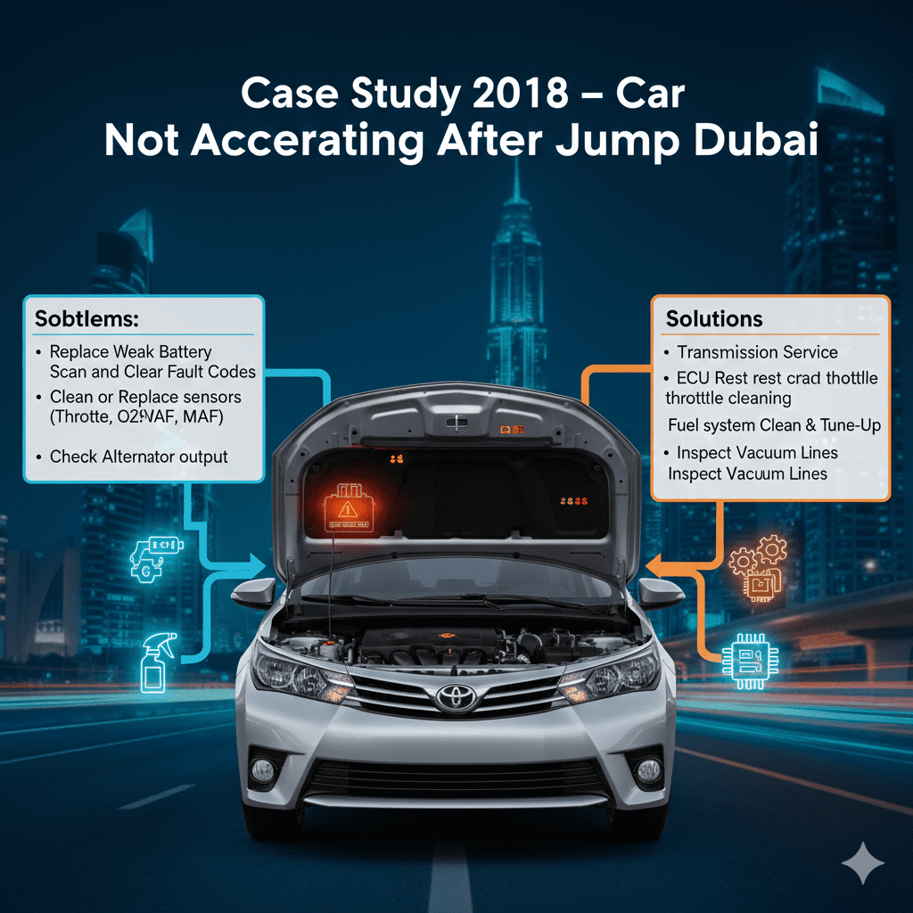 "Solutions When Car Not Accelerating After Jump Dubai" "Animated infographic showing solutions for car not accelerating after jump in Dubai, central car with glowing battery and dashboard, bullet points of fixes on sides, title on top."