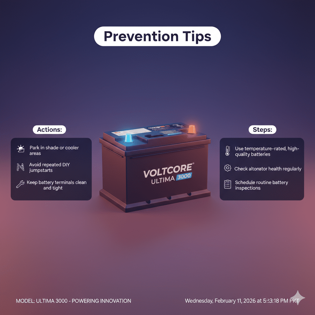 “Professional user guide illustration showing prevention tips for jumpstart battery leaks, with title on top, key bullet points on sides, and an animated branded battery in the center.”