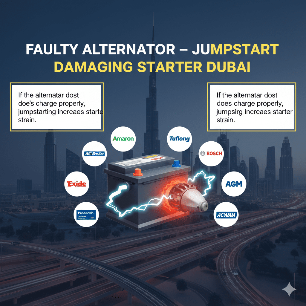 "Infographic showing faulty alternator as a cause of jumpstart damaging starter in Dubai, with animated car battery in the center and top title 'Faulty Alternator – Jumpstart Damaging Starter Dubai'. Key point displayed on sides."