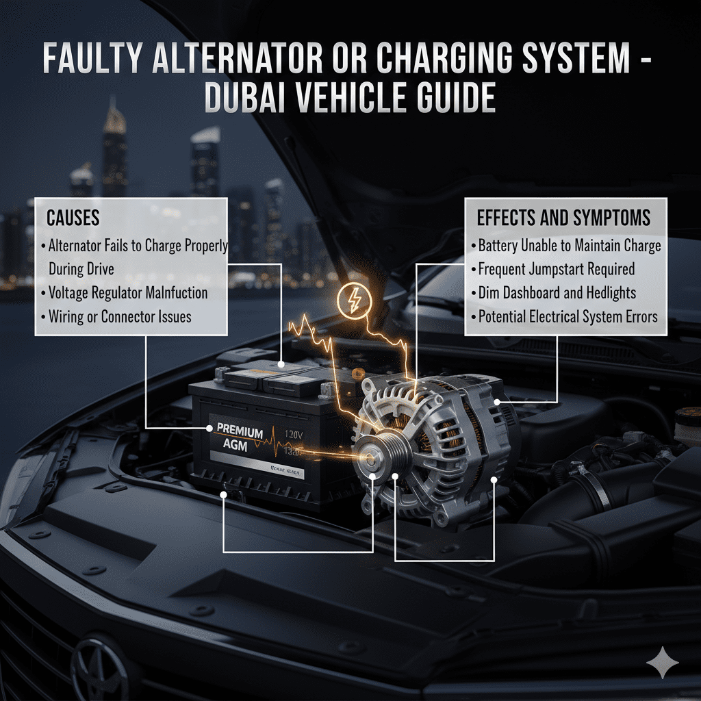 Infographic showing a car battery and alternator in a modern engine bay with animated fluctuating voltage and electric arcs, illustrating faulty alternator or charging system in Dubai vehicles.