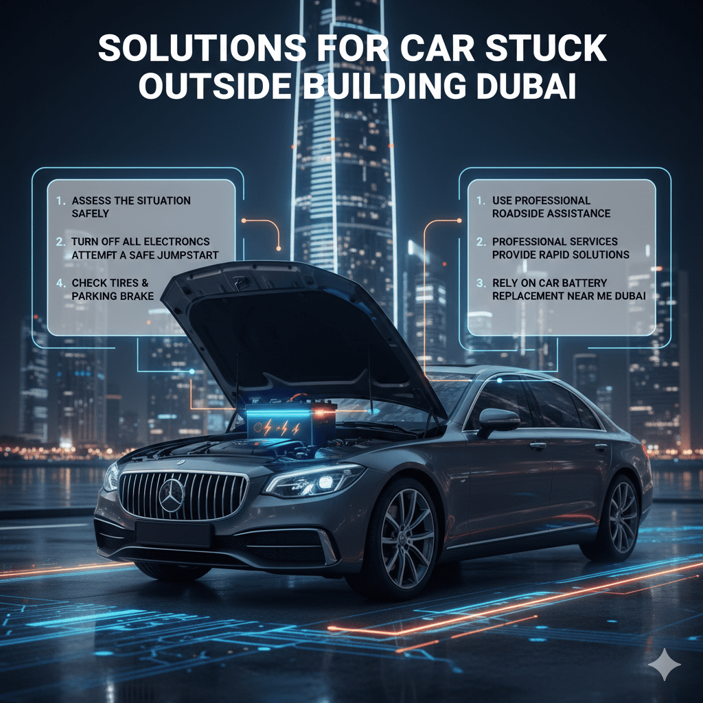 "Infographic showing a luxury car stuck outside a Dubai building with glowing battery at the center, side panels listing step-by-step solutions for safely resolving the issue."
