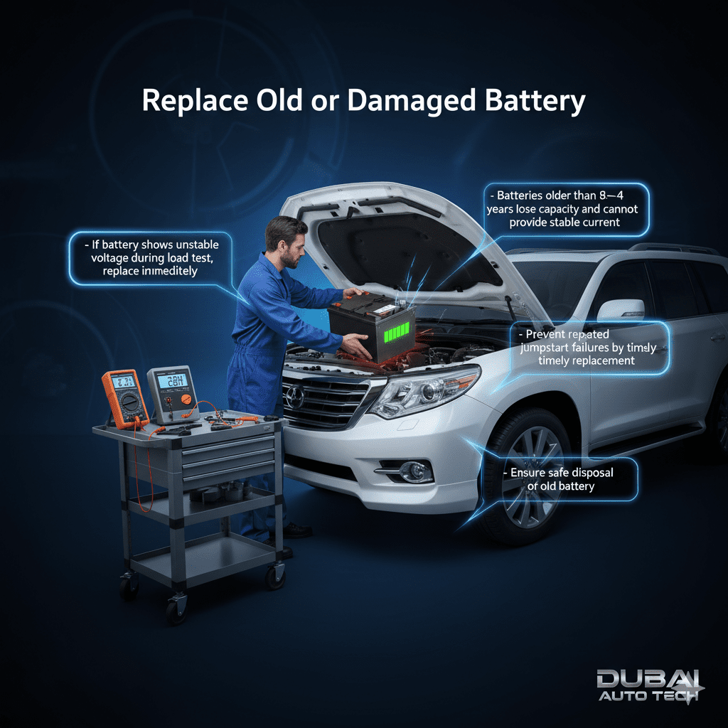Infographic showing replacement of old or damaged car battery in Dubai to prevent jumpstart instability