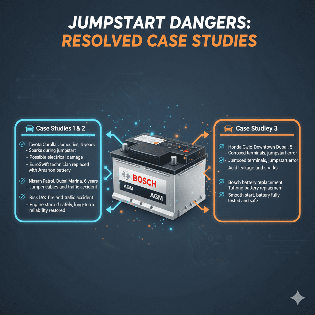“Animated user guide image showing a top title, central car battery image, and bullet-pointed case study highlights of roadside jumpstart risks in Dubai on both sides.”