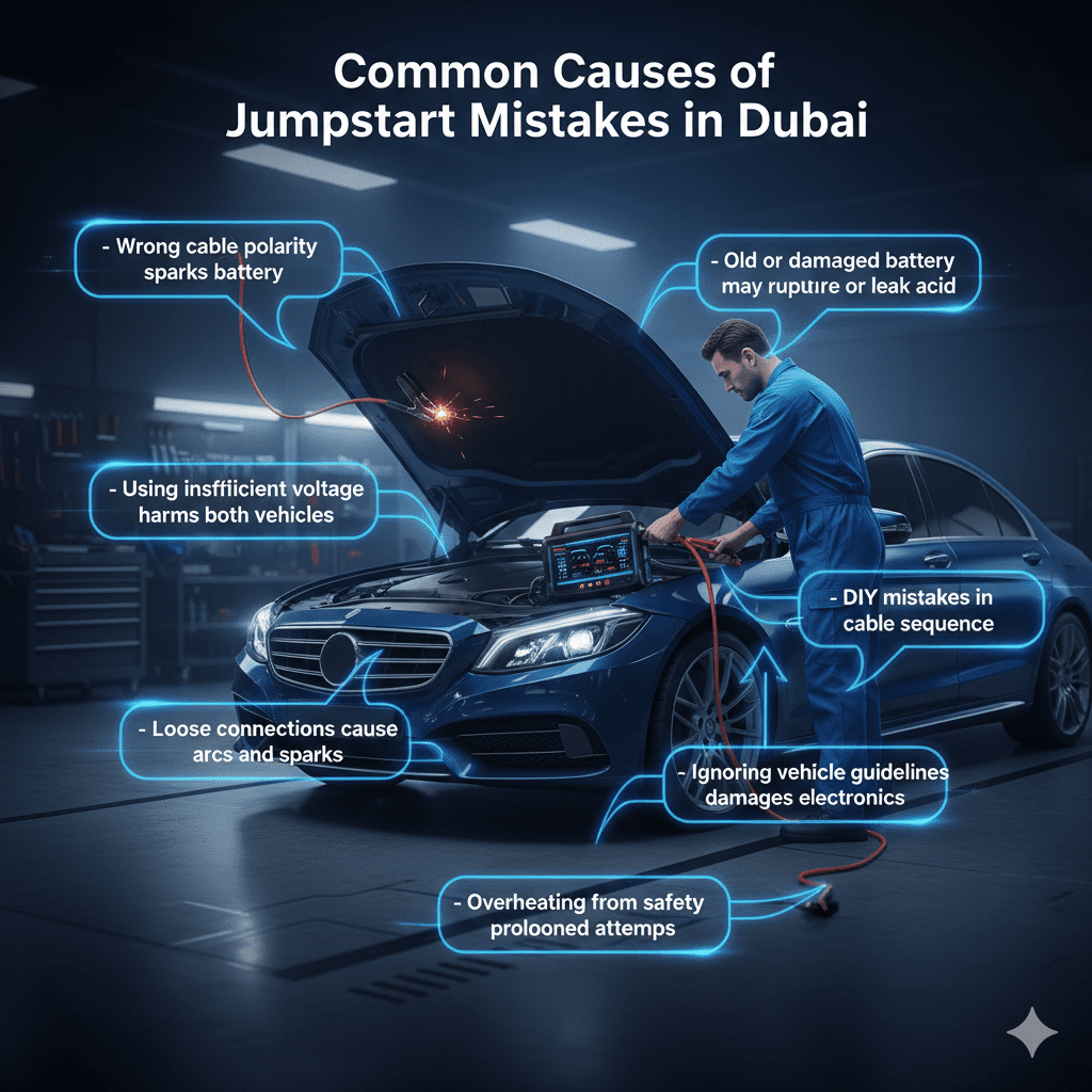 Infographic showing common causes of jumpstart mistakes in Dubai with highlighted battery and electrical risks