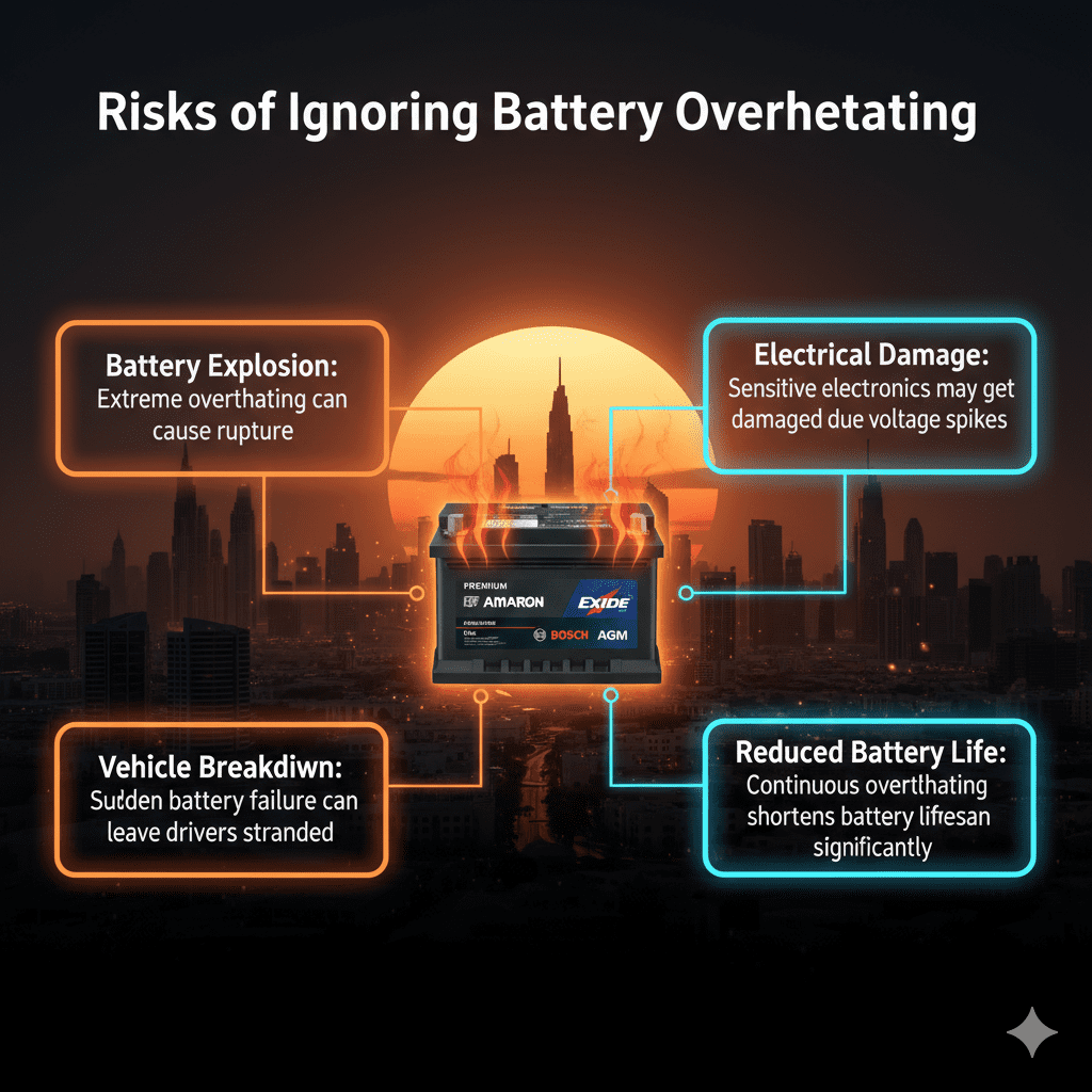 "Infographic showing risks of ignoring car battery overheating, including explosion, vehicle breakdown, electrical damage, and reduced battery life, with a premium battery image in the center."