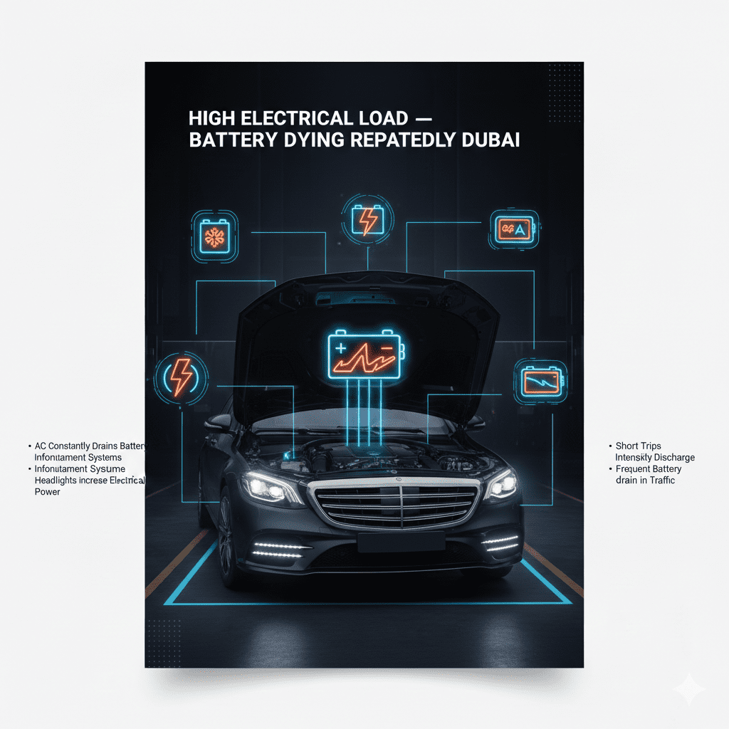 Dubai car battery infographic showing high electrical load impact from AC, infotainment, and headlights