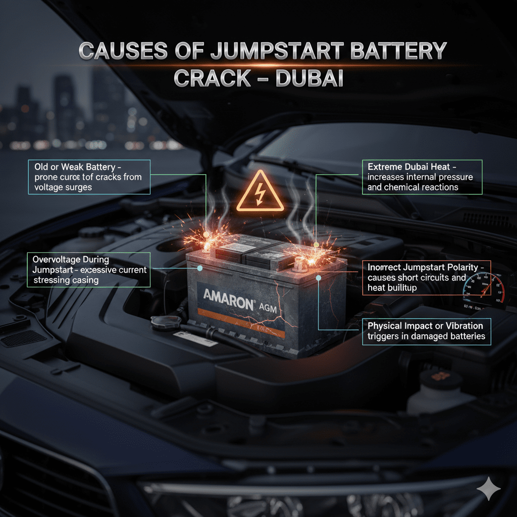 Infographic showing a branded car battery in a modern engine bay with cracks, voltage sparks, heat waves, and warning symbols, illustrating the causes of jumpstart battery crack in Dubai.
