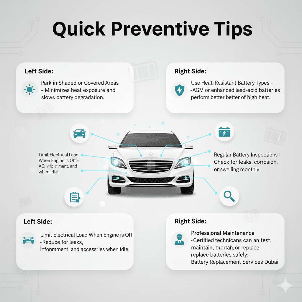“User guide infographic showing main title ‘Quick Preventive Tips’ at top, key points on left and right sides, and a premium vehicle image in the center with animated infographic style.”