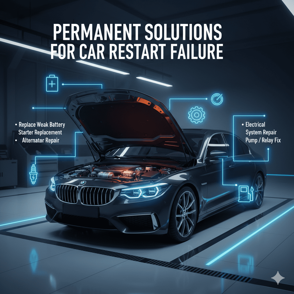 Car restart repair solutions infographic showing battery and starter replacement