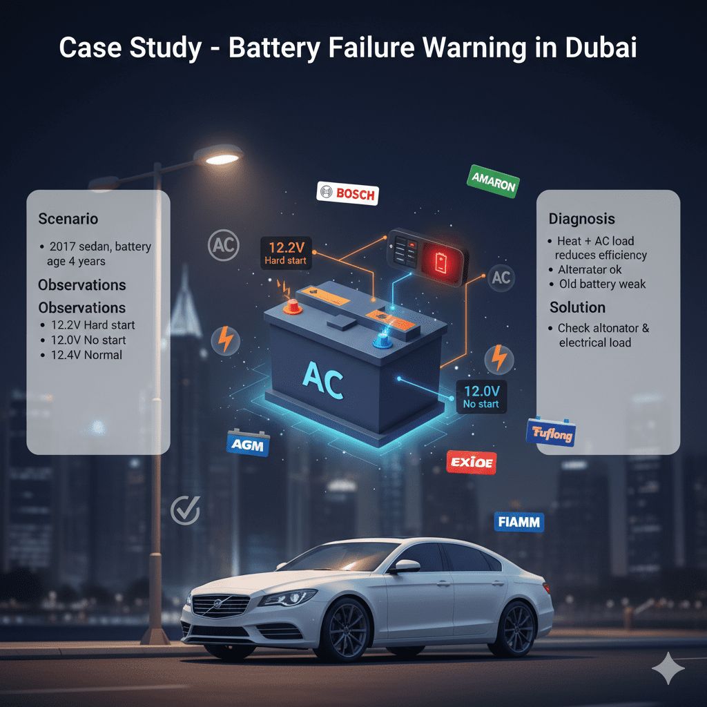 Feature image titled 'Case Study – Battery Failure Warning in Dubai' showing a 3D animated car battery connected to a sedan dashboard with battery warning light and AC symbols. Empty side panels for points: Scenario, Observations, Diagnosis, Solution. Animated battery brand logos (Amaron, Bosch, Tuflong, AGM, Exide, Panasonic, FIAMM, AC Delco) on a blurred Dubai cityscape background.