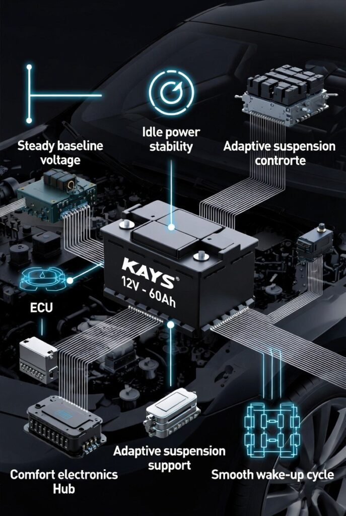 Kays 12V – 60Ah battery supporting intelligent power distribution and stable voltage management in premium sedans